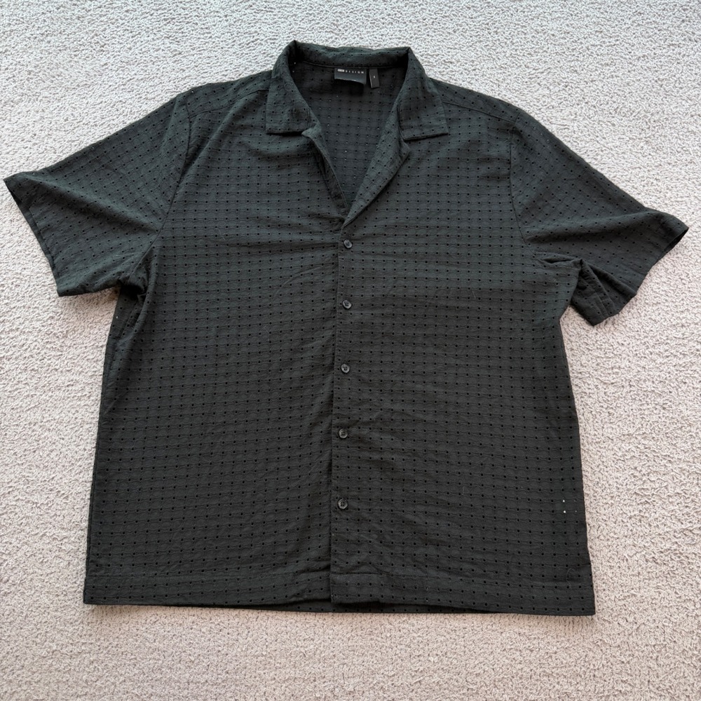 ASOS DESIGN Mens Black Eyelet Embroidery Camp Collar Short Sleeve Shirt Size M